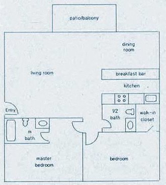 Floor plan for 2 beds, 1.5 baths, 950 sqft